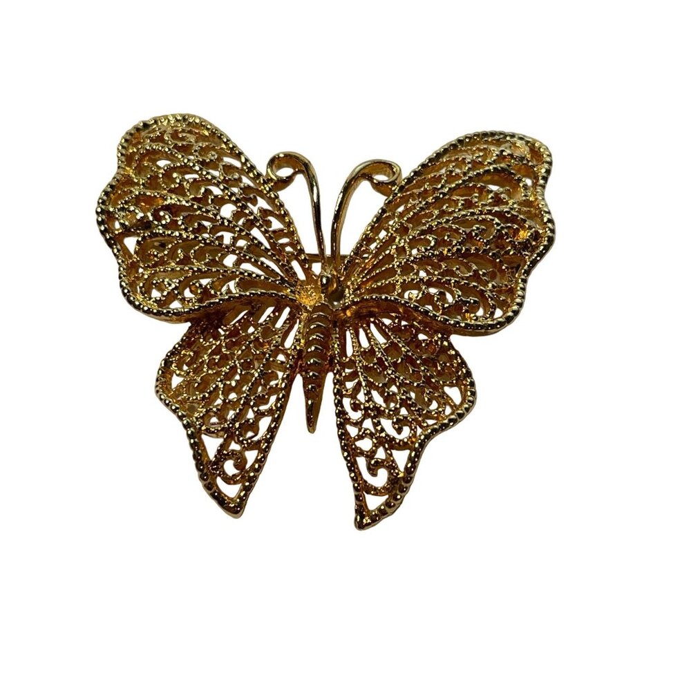 Napier Butterfly Brooch Pin Gold Tone Metal Filigree Vintage 1980s